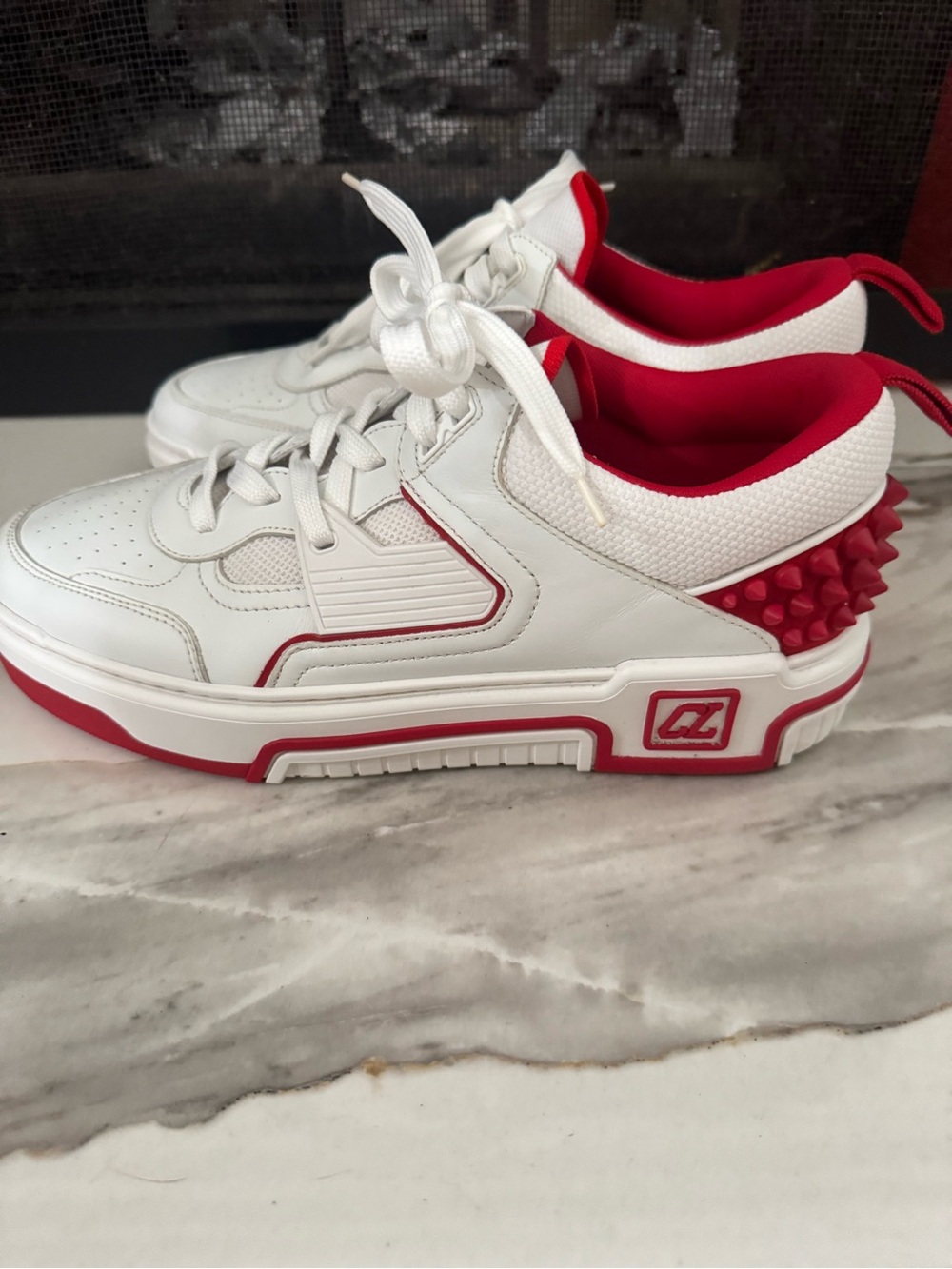 White and Red Athletic Sneakers with Studded Heel